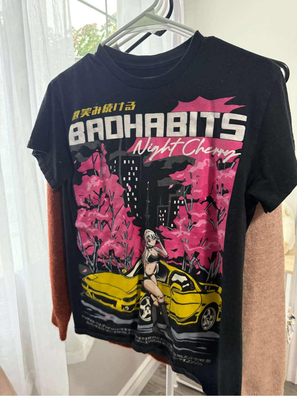 Bad Habit Black Graphic Tee with Pink Cherry and Yellow Car
